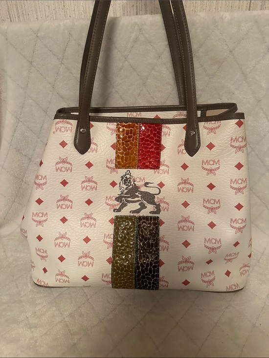 MCM Handbags - MCM Princess Lion White Leather Tote with Multicolor Striped Accents